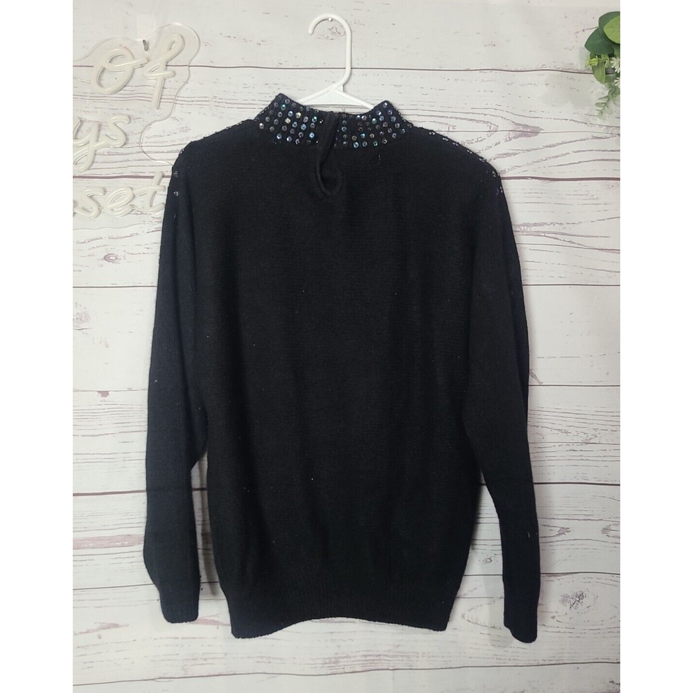 VTG Diana Marco Black Beaded Sequin Mock Neck Silk Angora Sweater Womans Size 40 - Picture 2 of 6